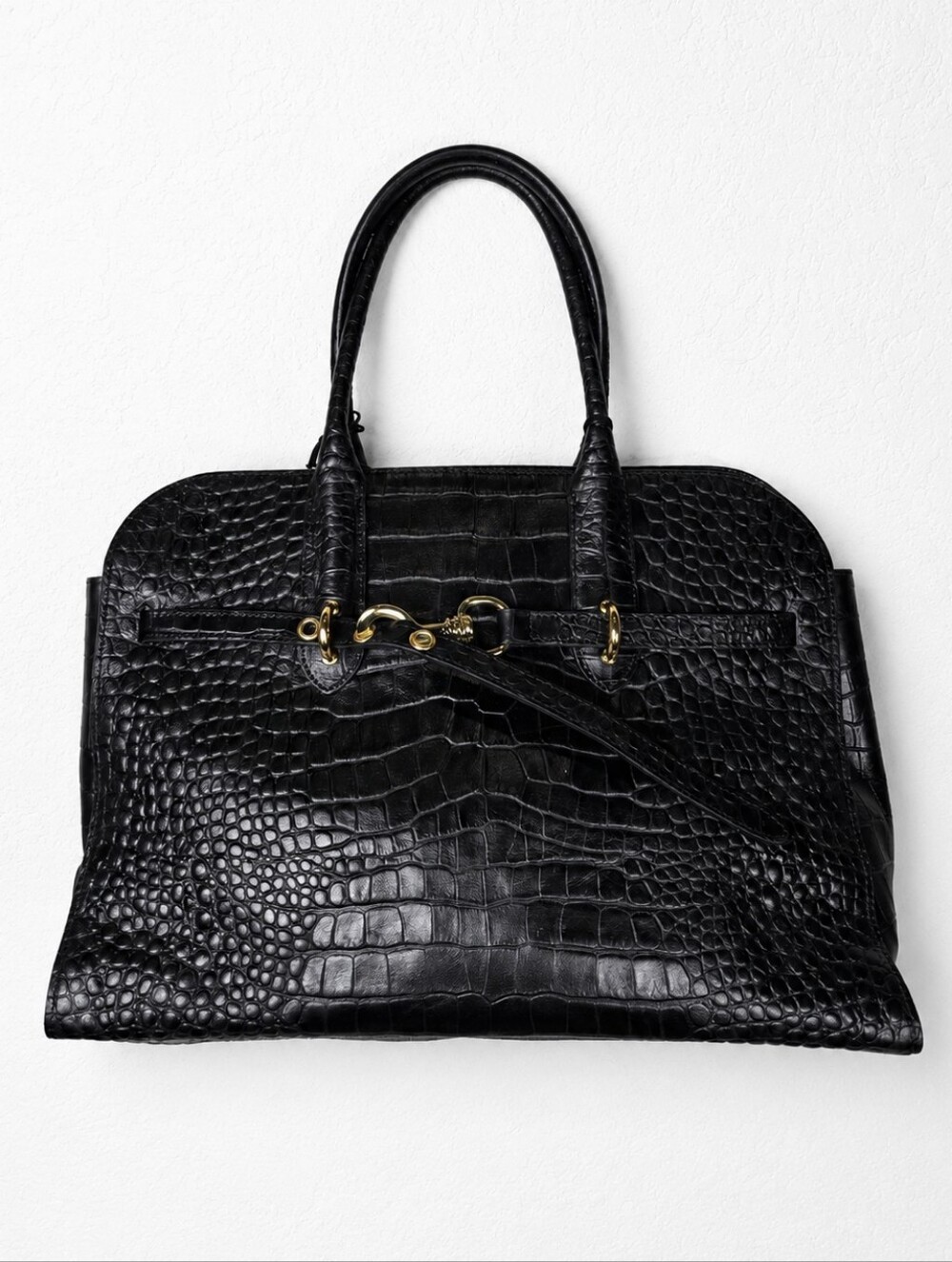 Claudia Firenze NWT Italian Leather Black Croc Embossed Satchel Tote Top Handles